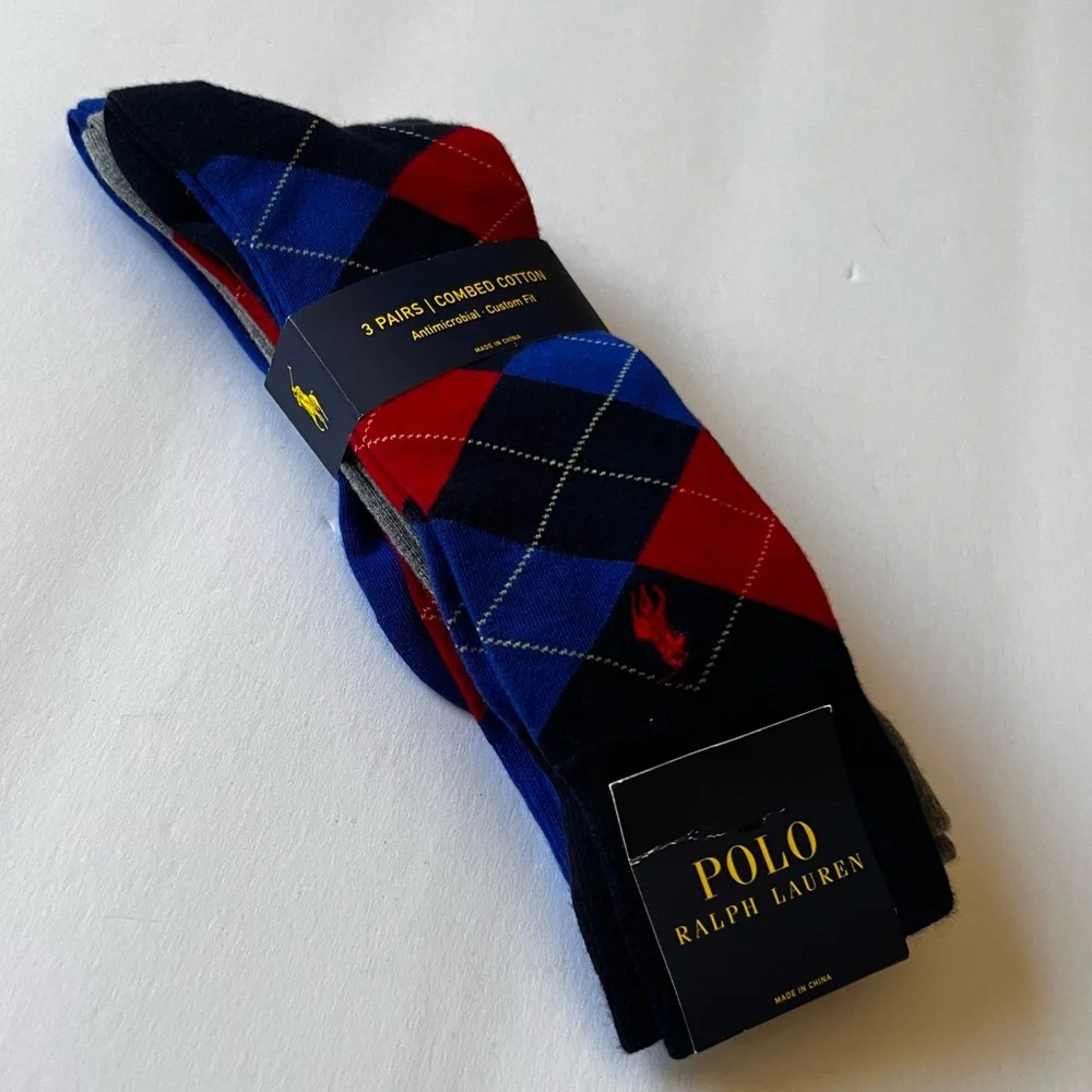 RALPH LAUREN POLO MENS 3 Pair COTTON BLEND SOCKS ARGYLE MIX BLUE RED GRAY OS NWT